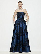 Front View Thumbnail - Soft Navy / Black Strapless Bias Cuff Bodice Flocked Floral Satin Dress