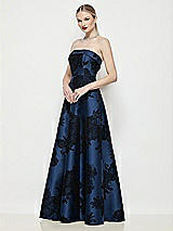 Side View Thumbnail - Soft Navy / Black Strapless Bias Cuff Bodice Flocked Floral Satin Dress