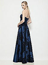 Rear View Thumbnail - Soft Navy / Black Strapless Bias Cuff Bodice Flocked Floral Satin Dress