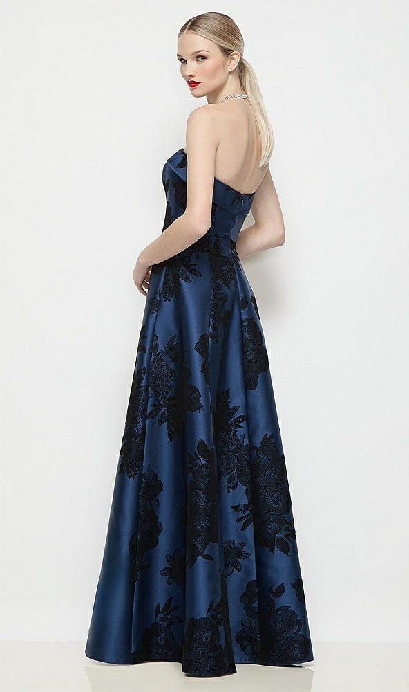 Back View - Soft Navy / Black Strapless Bias Cuff Bodice Flocked Floral Satin Dress