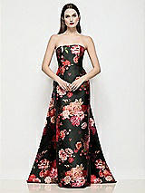 Side View Thumbnail - Wine Black Multi Strapless Fleur de Ville Satin Column Dress with Removable Watteau Train