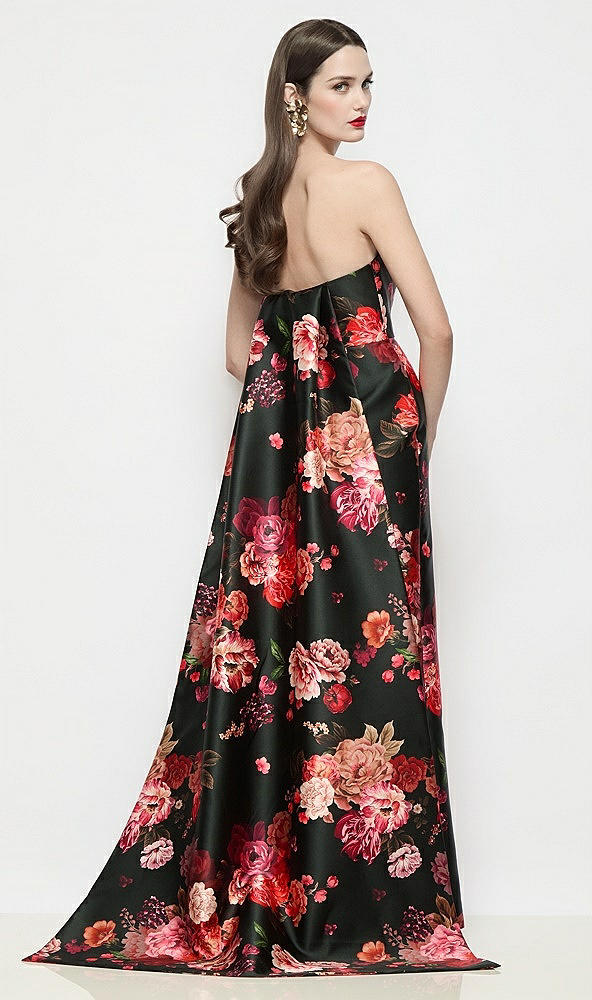 Back View - Wine Black Multi Strapless Fleur de Ville Satin Column Dress with Removable Watteau Train