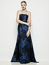 Front View Thumbnail - Soft Navy / Black Strapless Flocked Floral Satin Column Dress with Removable Watteau Train