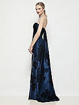 Side View Thumbnail - Soft Navy / Black Strapless Flocked Floral Satin Column Dress with Removable Watteau Train