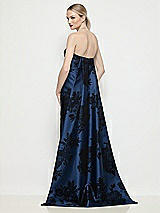 Rear View Thumbnail - Soft Navy / Black Strapless Flocked Floral Satin Column Dress with Removable Watteau Train