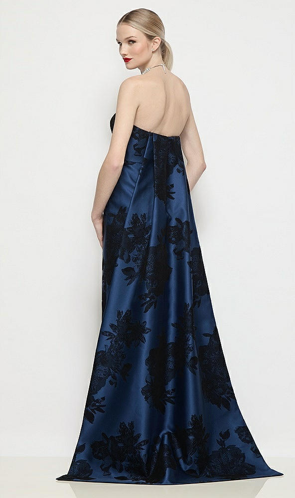 Back View - Soft Navy / Black Strapless Flocked Floral Satin Column Dress with Removable Watteau Train