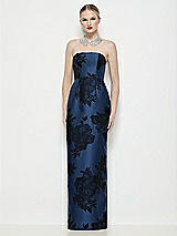 Front View Thumbnail - Soft Navy / Black Strapless Flocked Floral Satin Column Dress with Back Slit