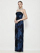 Side View Thumbnail - Soft Navy / Black Strapless Flocked Floral Satin Column Dress with Back Slit