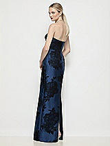 Rear View Thumbnail - Soft Navy / Black Strapless Flocked Floral Satin Column Dress with Back Slit