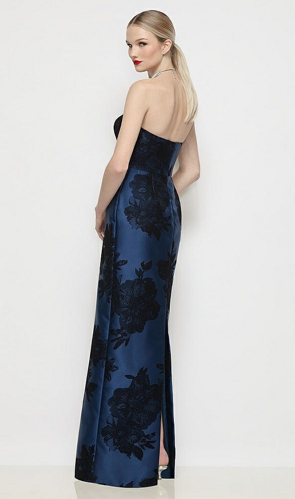 Back View - Soft Navy / Black Strapless Flocked Floral Satin Column Dress with Back Slit