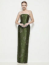 Front View Thumbnail - Olive / Gold Strapless Embossed Gilt Floral Satin Column Dress with Back Slit