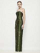 Side View Thumbnail - Olive / Gold Strapless Embossed Gilt Floral Satin Column Dress with Back Slit