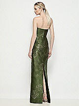 Rear View Thumbnail - Olive / Gold Strapless Embossed Gilt Floral Satin Column Dress with Back Slit