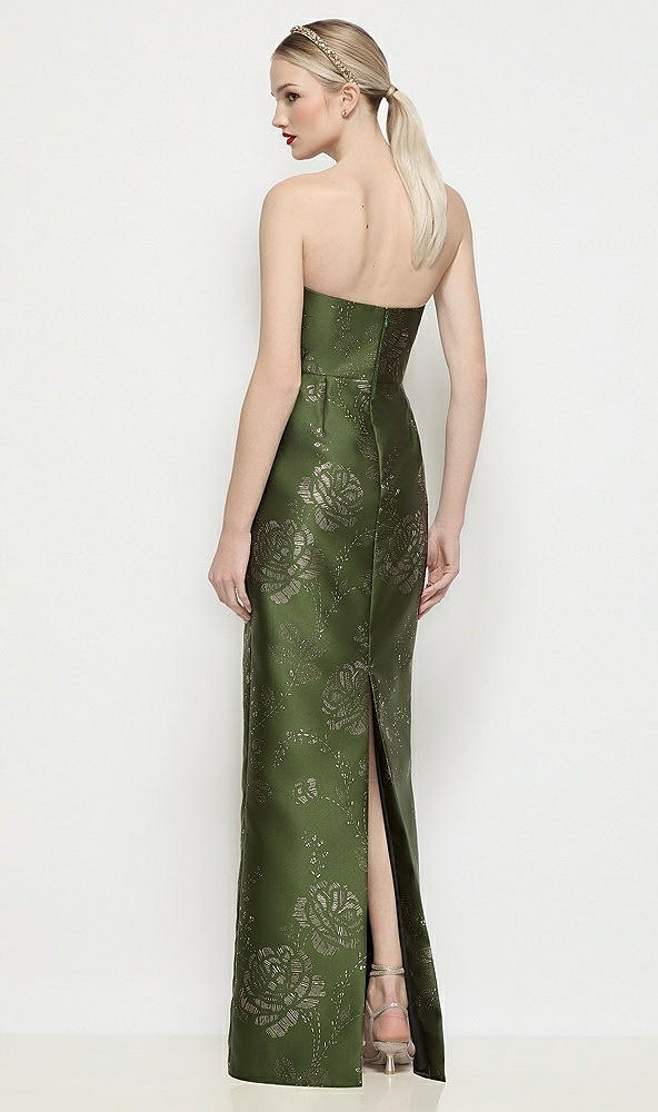 Back View - Olive / Gold Strapless Embossed Gilt Floral Satin Column Dress with Back Slit