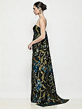 Front View Thumbnail - Peacock Blue Multi Strapless Floral Organza Jaquard Column Dress with Removable Watteau Train