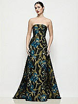 Side View Thumbnail - Peacock Blue Multi Strapless Floral Organza Jaquard Column Dress with Removable Watteau Train