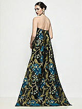 Rear View Thumbnail - Peacock Blue Multi Strapless Floral Organza Jaquard Column Dress with Removable Watteau Train
