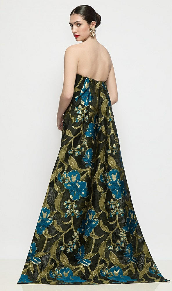 Back View - Peacock Blue Multi Strapless Floral Organza Jaquard Column Dress with Removable Watteau Train