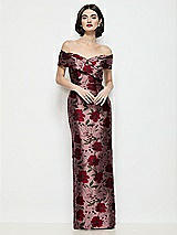 Front View Thumbnail - Wild Rose Draped Wrap Off-the-Shoulder Wild Rose Brocade Column Maxi Dress