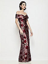 Side View Thumbnail - Wild Rose Draped Wrap Off-the-Shoulder Wild Rose Brocade Column Maxi Dress