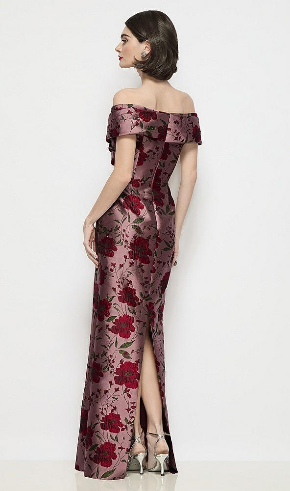 Back View - Wild Rose Draped Wrap Off-the-Shoulder Wild Rose Brocade Column Maxi Dress