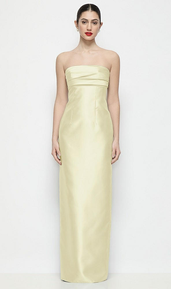 Front View - Butter Yellow Strapless Pleated Empire Satin Column Maxi Dress