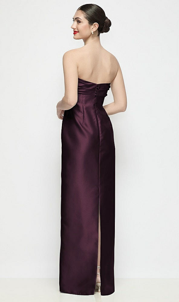 Back View - Deep Plum Strapless Pleated Empire Satin Column Maxi Dress