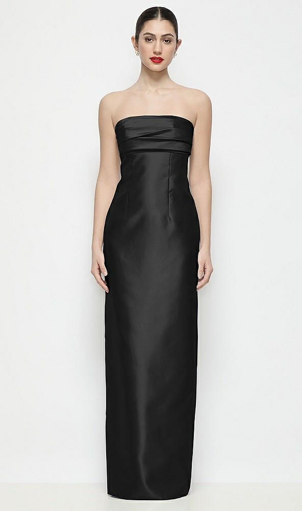 Front View - Black Strapless Pleated Empire Satin Column Maxi Dress