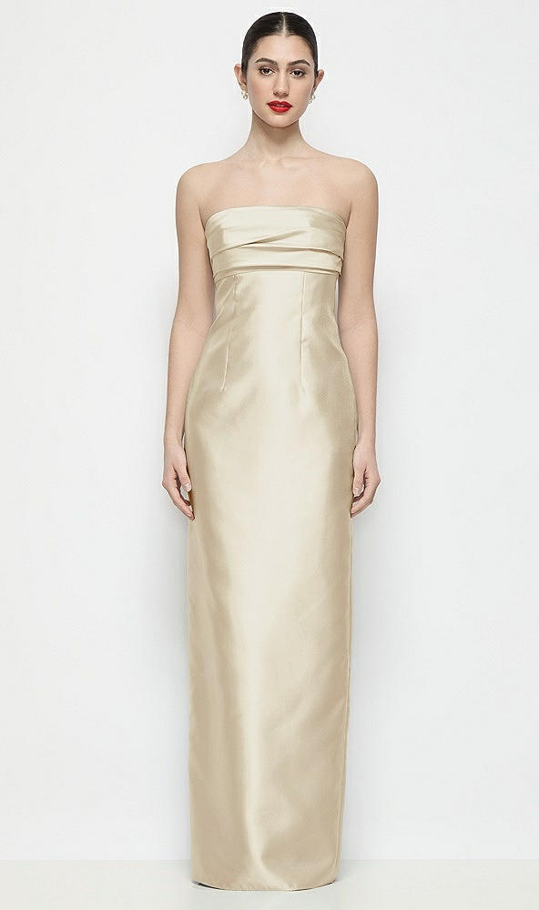Front View - Champagne Strapless Pleated Empire Satin Column Maxi Dress
