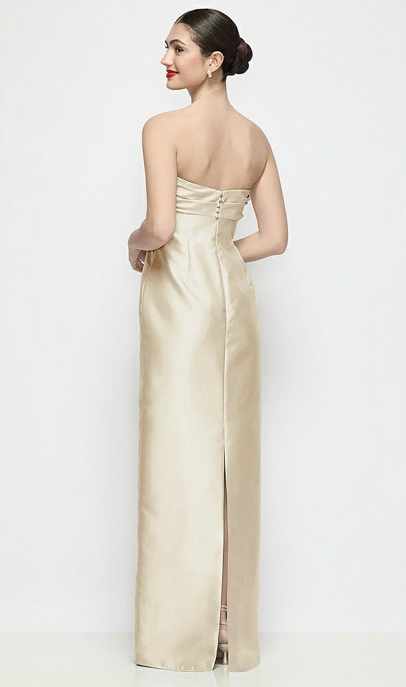 Back View - Champagne Strapless Pleated Empire Satin Column Maxi Dress