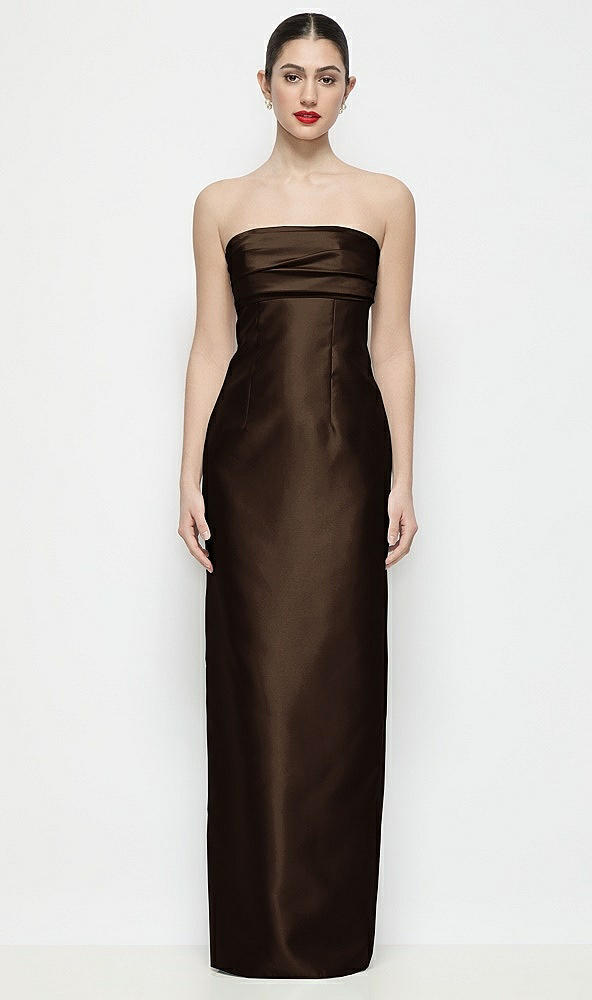 Front View - Espresso Strapless Pleated Empire Satin Column Maxi Dress
