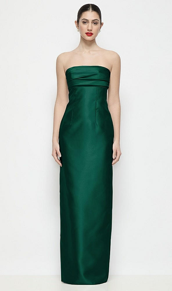 Front View - Hunter Green Strapless Pleated Empire Satin Column Maxi Dress