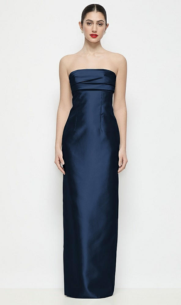 Front View - Midnight Navy Strapless Pleated Empire Satin Column Maxi Dress