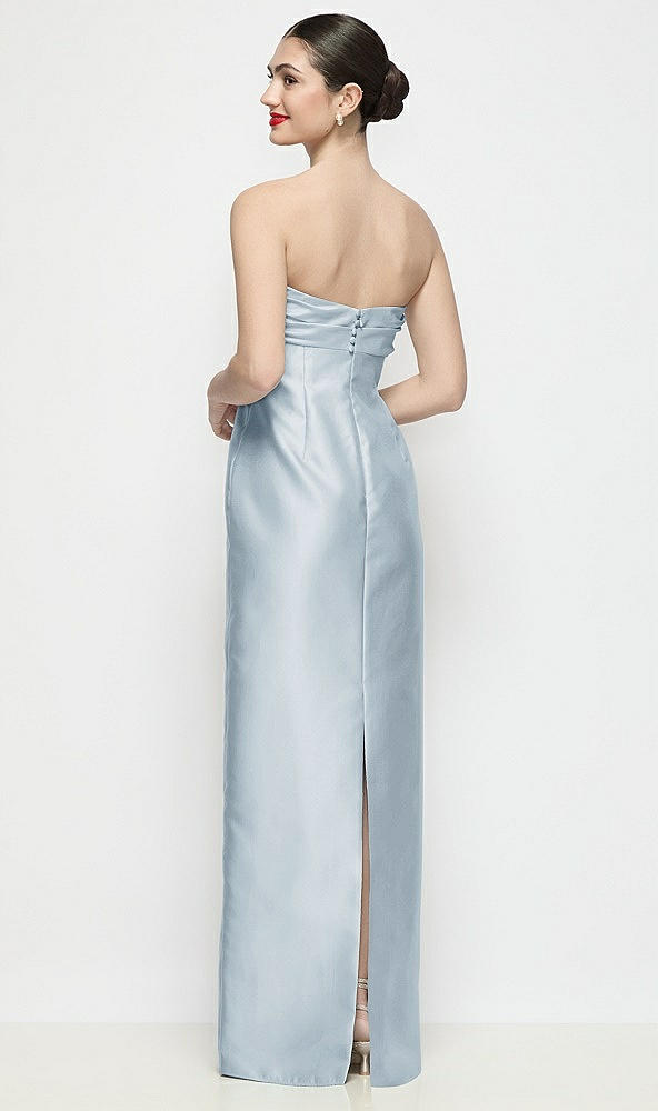 Back View - Mist Strapless Pleated Empire Satin Column Maxi Dress