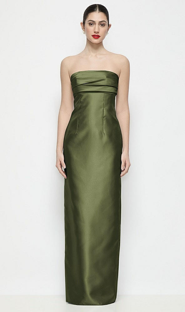 Front View - Olive Green Strapless Pleated Empire Satin Column Maxi Dress