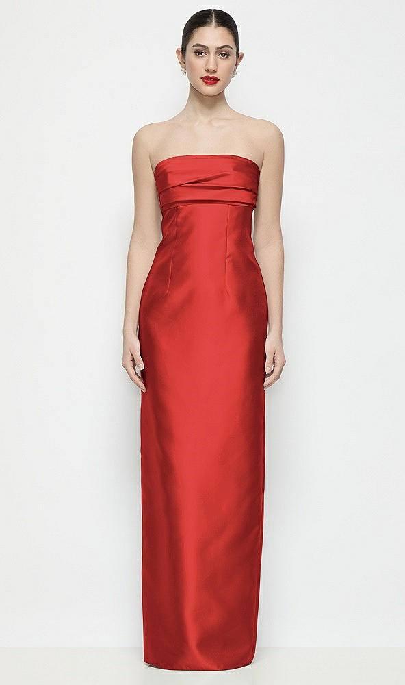 Front View - Poppy Red Strapless Pleated Empire Satin Column Maxi Dress