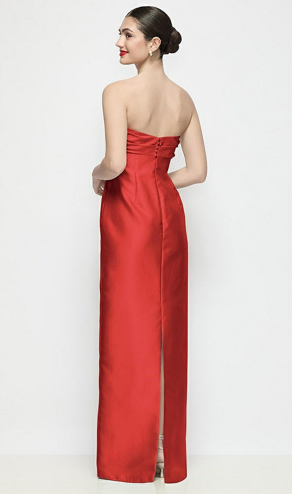 Back View - Poppy Red Strapless Pleated Empire Satin Column Maxi Dress