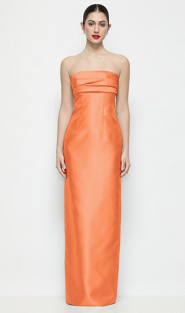 Front View - Portofino Orange Strapless Pleated Empire Satin Column Maxi Dress