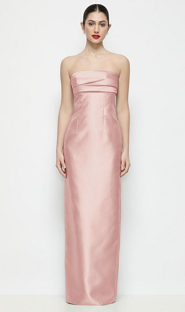 Front View - Rose Strapless Pleated Empire Satin Column Maxi Dress