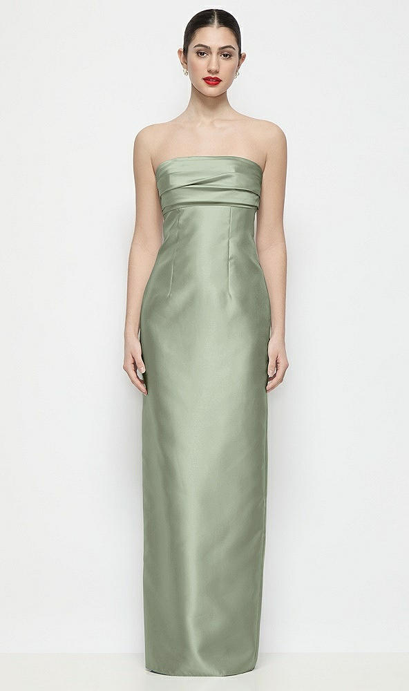 Front View - Sage Strapless Pleated Empire Satin Column Maxi Dress