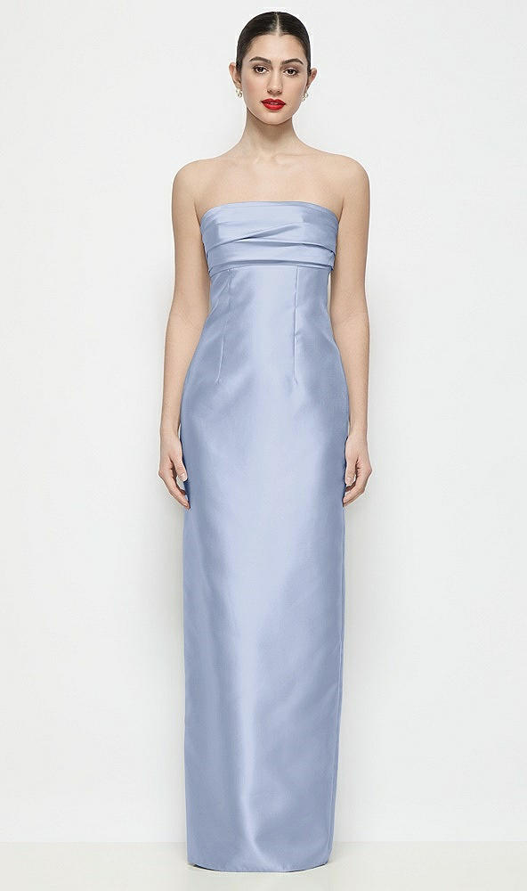 Front View - Sky Blue Strapless Pleated Empire Satin Column Maxi Dress