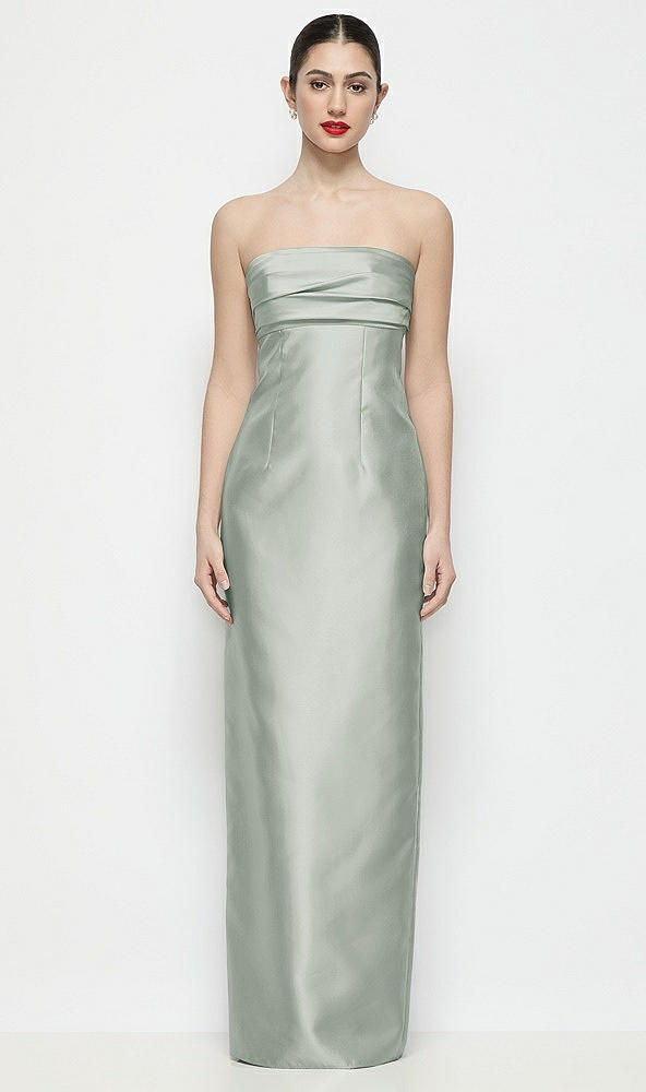Front View - Willow Green Strapless Pleated Empire Satin Column Maxi Dress