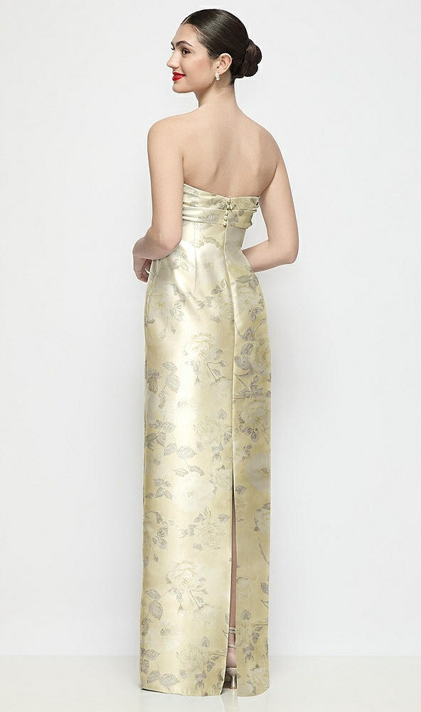 Back View - Butter Yellow Floral Strapless Pleated Empire Floral Satin Column Maxi Dress