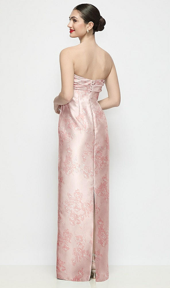 Back View - Bow And Blossom Print Strapless Pleated Empire Floral Satin Column Maxi Dress