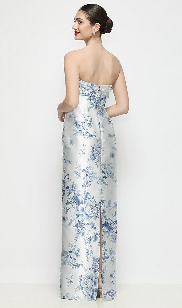 Back View - Cottage Rose Larkspur Strapless Pleated Empire Floral Satin Column Maxi Dress