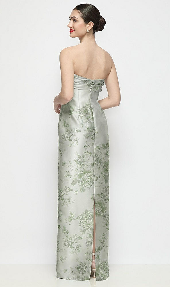 Back View - Sage Cottage Rose Strapless Pleated Empire Floral Satin Column Maxi Dress