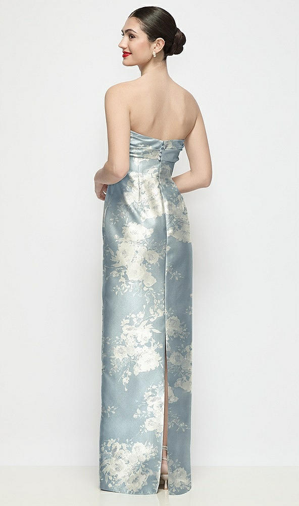 Back View - Porcelain Blue Seraphina Floral Strapless Pleated Empire Floral Satin Column Maxi Dress