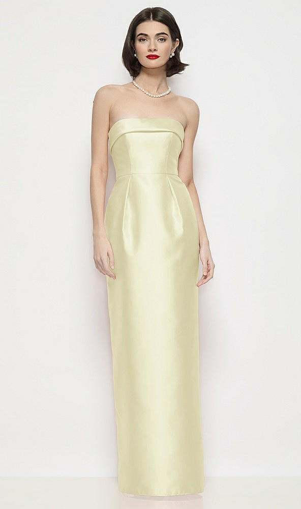 Front View - Butter Yellow Strapless Cuff Neck Satin Maxi Dress with Column Skirt