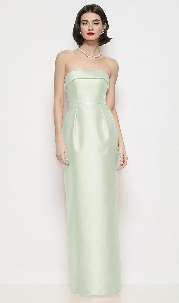 Front View - Mint Green Strapless Cuff Neck Satin Maxi Dress with Column Skirt