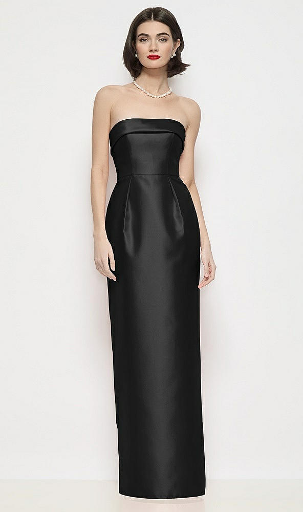 Front View - Black Strapless Cuff Neck Satin Maxi Dress with Column Skirt